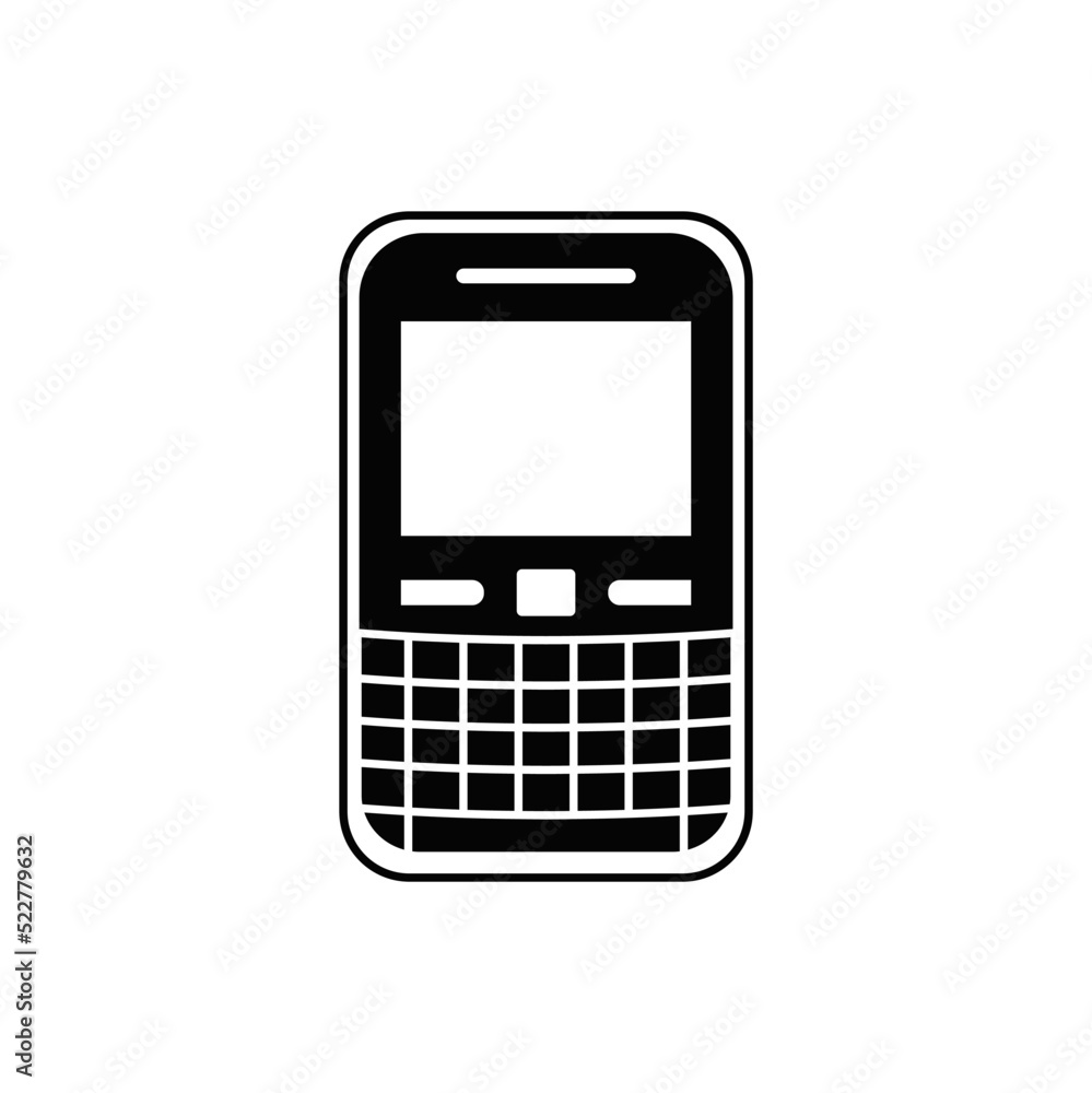 Mobile phone with qwerty keyboard icon in black flat glyph, filled style isolated on white background