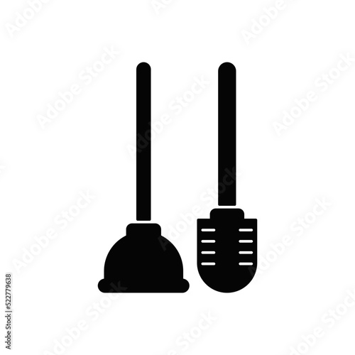 Brush and plunger toilet icon in black flat glyph, filled style isolated on white background