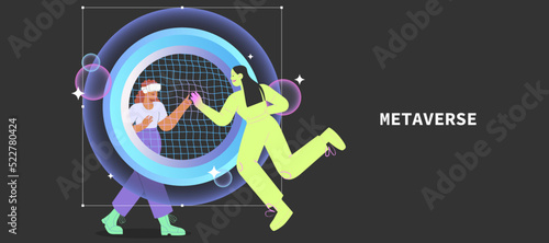 Metaverse entertainment. Flat vector illustration with woman wearing virtual reality glasses creating and interacting her digital avatar. Concept of future innovations.	