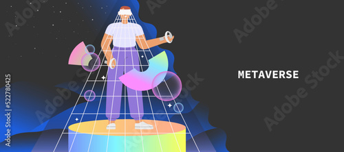Metaverse entertainment. Flat vector illustration with male character wearing virtual reality glasses and VR headsets, interacting and creating a virtual world. Concept of future innovations.