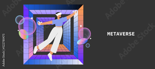Metaverse entertainment. Flat vector illustration with woman wearing virtual reality glasses and VR headsets, interacting and exploring a virtual world. Concept of future innovations.	