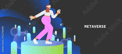 Metaverse entertainment. Flat vector illustration with woman wearing virtual reality glasses and VR headsets, interacting and exploring a virtual world. Concept of future innovations.	