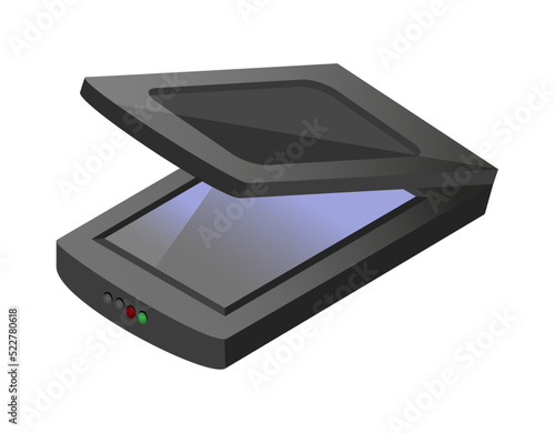 Vector isometric icon or illustration of open document A3 or A4 flat bed or flatbed scanner that scans images and documents. A computer peripheral isolated on a white background. Print office scanner.