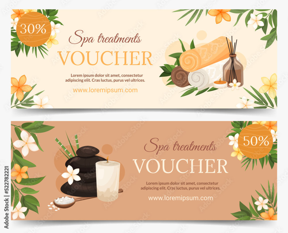 Vettoriale Stock Spa treatments discount voucher set horizontal template.  Coupon certificate for a spa salon, beauty salon, beauty services. Vector  illustration design for promotion banner, gift card | Adobe Stock