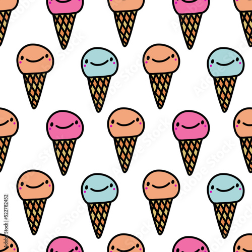 Ice cream hand drawn seamless pattern in cartoon comic style smiling dessert