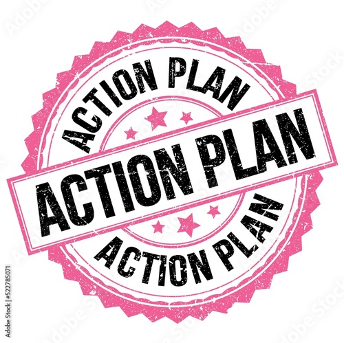 ACTION PLAN text on pink-black round stamp sign