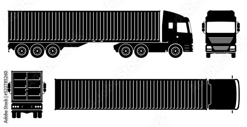 Container truck silhouette on white background. Vehicle monochrome icons set view from side, front, back, and top