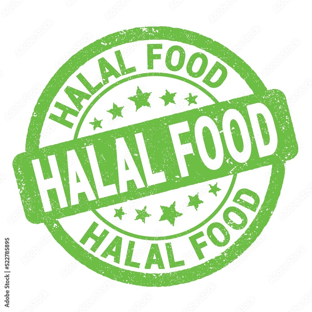 HALAL FOOD text written on green round stamp sign. HALAL FOOD text written on green round stamp sign.