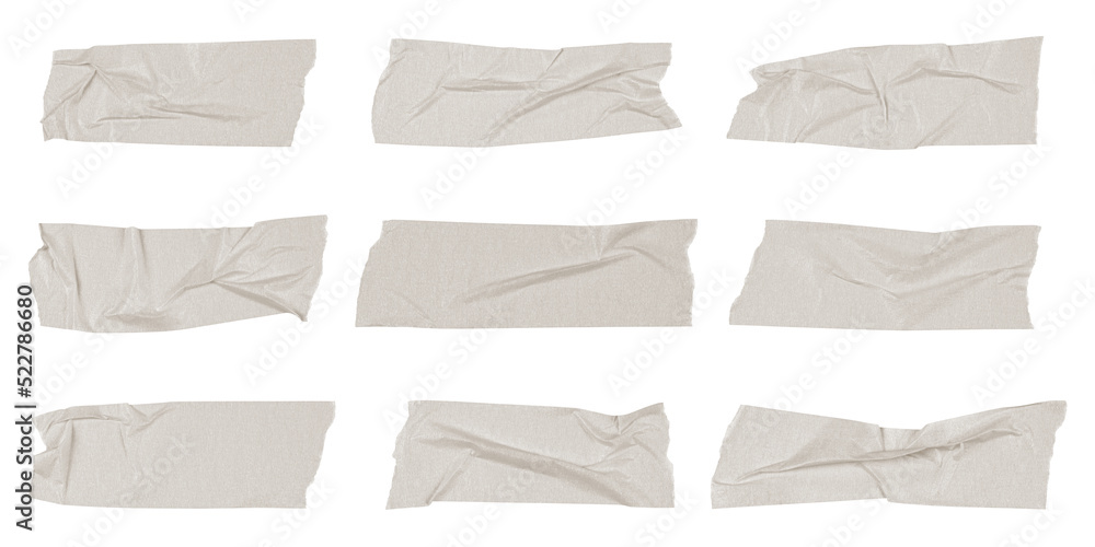 White scotch tape on white background, crumpled sticky tape, different sizes. White scotch tape on white background, crumpled sticky tape, different sizes.