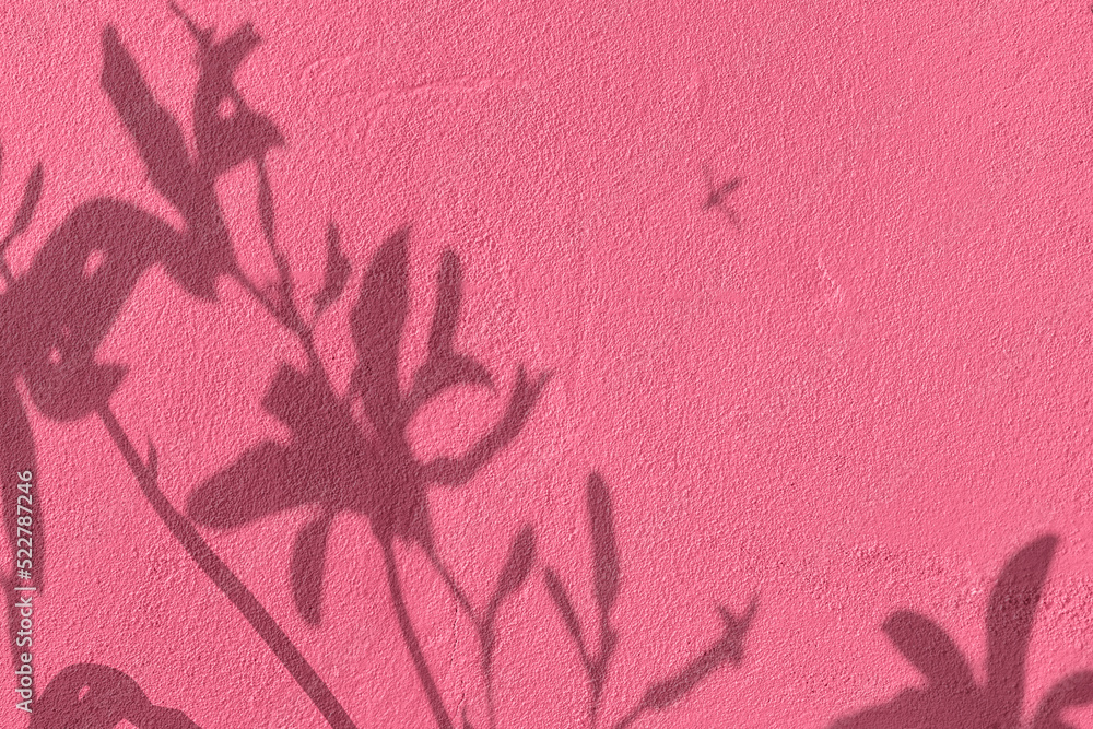 Shadow of lily flowers on pink concrete wall texture with roughness and irregularities. Abstract trendy colored nature concept background. Copy space for text overlay, poster mockup flat lay 