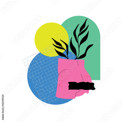 Psychedelic sculptures. Abstract contemporary poster or print. Trippy Greek surreal antique booty statue with leaves 90s style rave card, y2k concept. Vector cartoon flat illustration