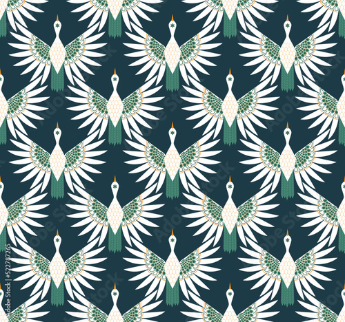Abstract Detailed Art Deco Elegant Stork Birds Seamless Pattern Perfect for Interior Home Design or Allover Upholstery Fabric Pattern Trendy Fashion Colors