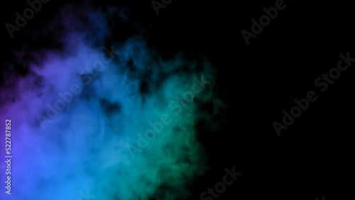 Abstract modern background with blue smoke illuminated by multicolored neon light, mystic steam template, design smoky pattern.