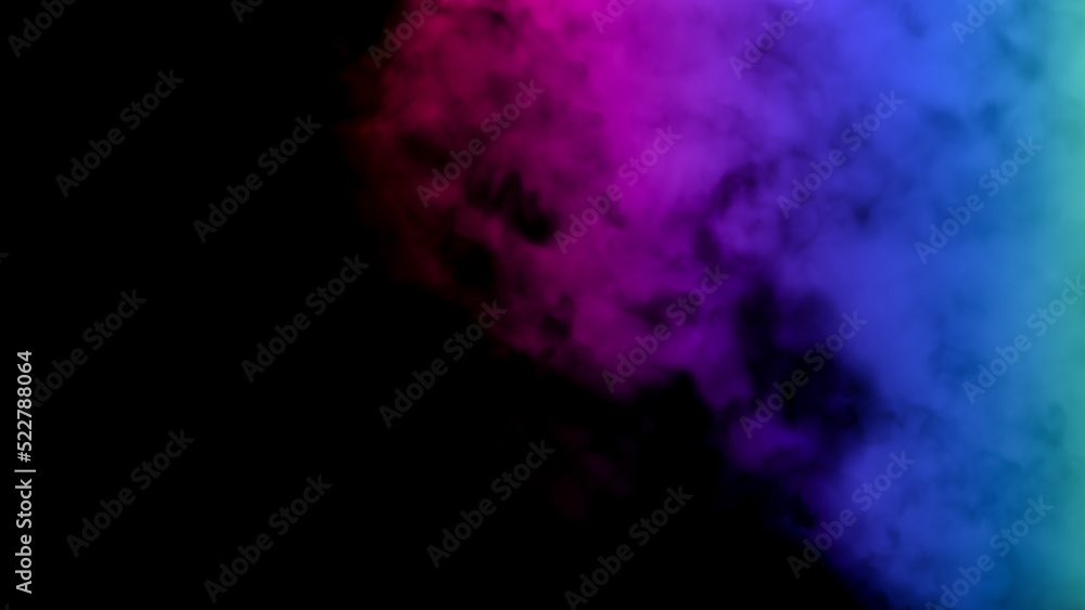Abstract glowing background with bright colorful smoke illuminated by multicolored neon light, mystic steam, design template, smoky pattern.