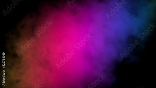 Abstract glowing background with colorful smoke illuminated by multicolored neon light, mystic steam, design template, smoky pattern.