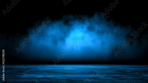 Abstract background with mystic blue smoke over old asphalt. Empty dark city street with horror atmosphere. Night scene with fog without people. 