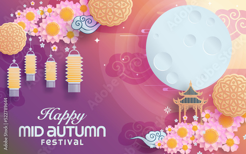 Mid autumn festival paper art style with full moon, moon cake, chinese lantern and rabbits on background.