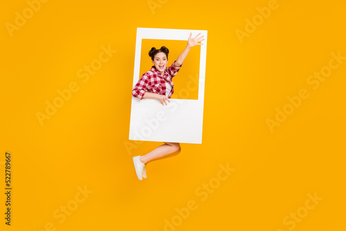 Full length photo of excited lady wave palm friends from white photo border travel isolated vivid color background