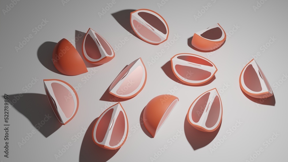  Set of sliced grapefruits or citrus in different poses on white surface. 3D render illustration