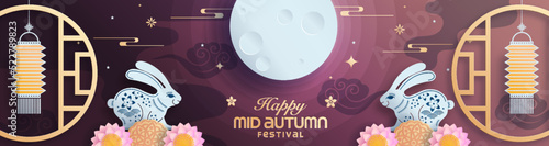 Mid autumn festival paper art style with full moon, moon cake, chinese lantern and rabbits on background.