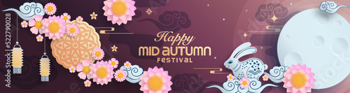 Mid autumn festival paper art style with full moon, moon cake, chinese lantern and rabbits on background.