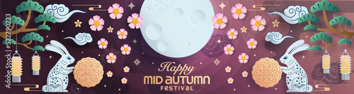 Mid autumn festival paper art style with full moon, moon cake, chinese lantern and rabbits on background.