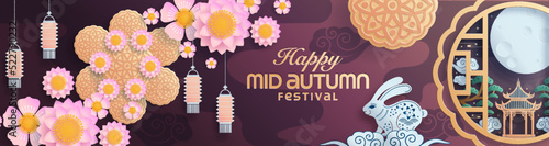 Mid autumn festival paper art style with full moon, moon cake, chinese lantern and rabbits on background.