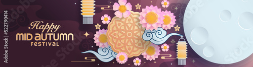 Mid autumn festival paper art style with full moon, moon cake, chinese lantern and rabbits on background.