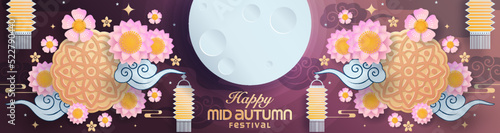 Mid autumn festival paper art style with full moon, moon cake, chinese lantern and rabbits on background.