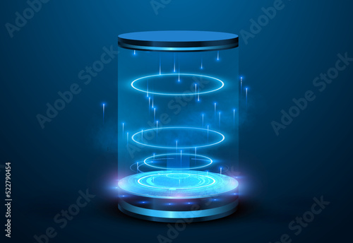 Portal and hologram futuristic Neon color circle elements. Standard podium or studio futuristic pedestal round platform showroom. Magic circle teleport stand. Cyberpunk blue style. photo