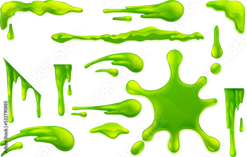 Set of slime or mucus liquid green goo blobs, splats, drips and drops design elements photo