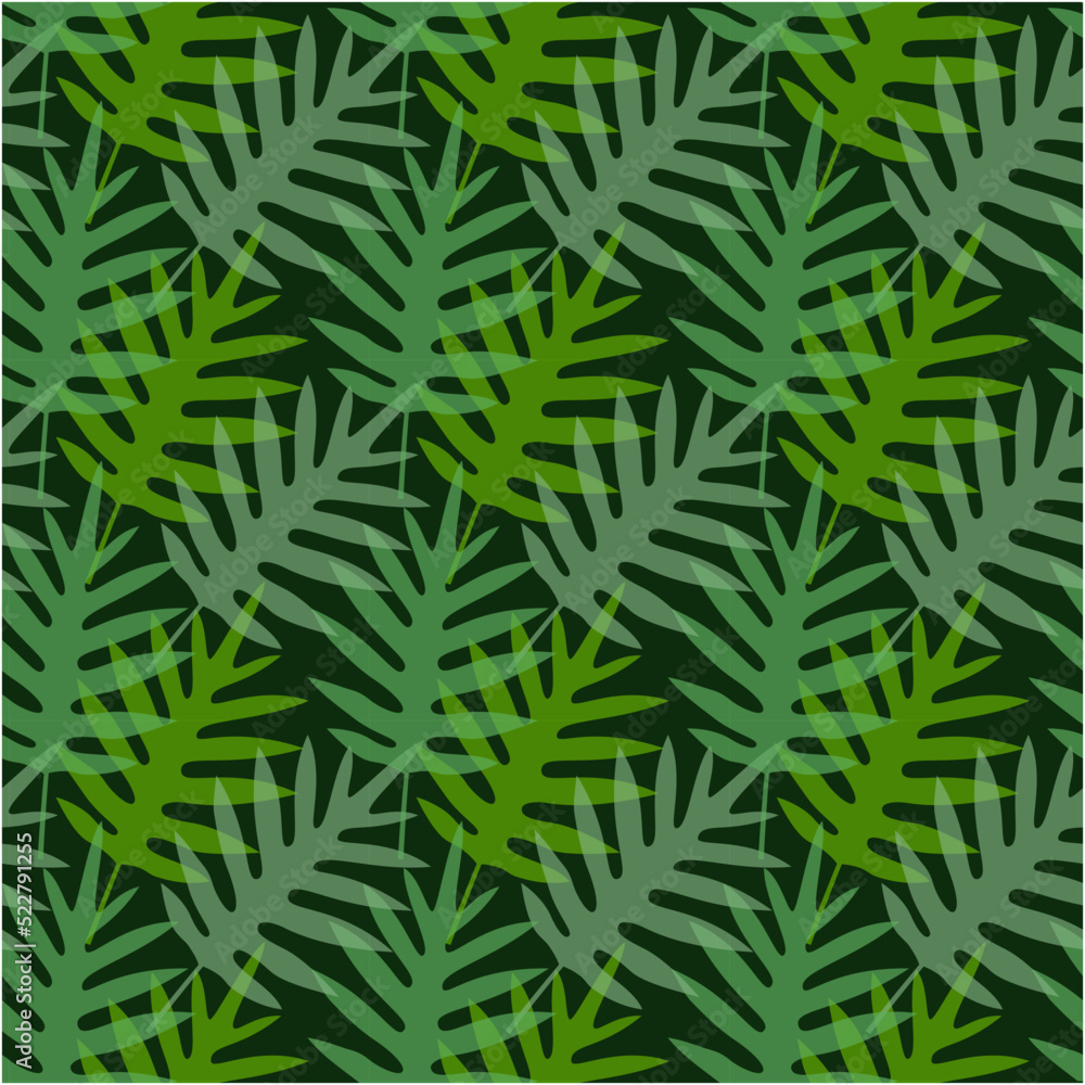 Seamless pattern of Lauae fern leaves on dark green background