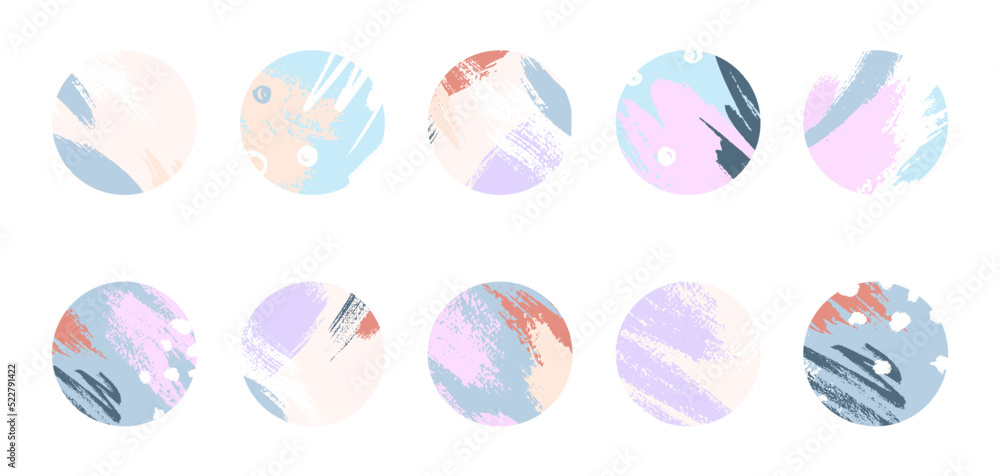 Bundle of insta highlights soft pastel covers.Modern vector layouts with  hand drawn brush strokes and textures.Abstract artistic backgrounds.Trendy IG designs for social media marketing.