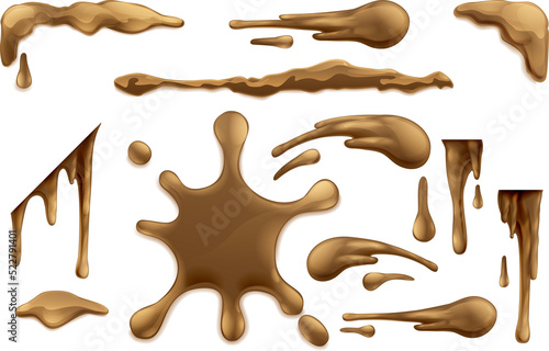 Set of Mud, Chocolate or brown slime blobs, splats, drips and drops design elements