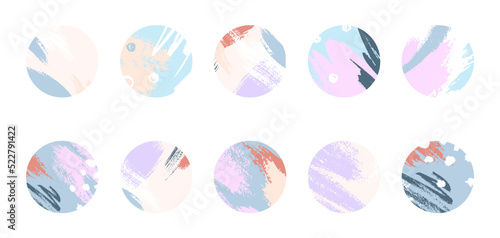 Bundle of insta highlights soft pastel covers.Modern vector layouts with hand drawn brush strokes and textures.Abstract artistic backgrounds.Trendy IG designs for social media marketing.