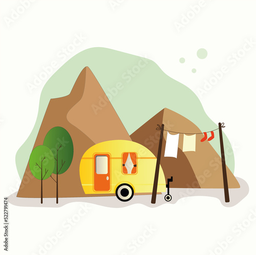a caravan on wheels in the mountains. illustration of camping