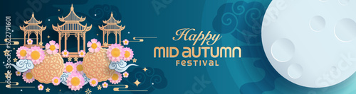 Mid autumn festival paper art style with full moon, moon cake, chinese lantern and rabbits on background.
