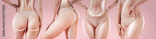 Collage with cropped images of slim female bodies with lifting up lines over pink background. Body shaping, liposuction, skin tightening, plastic surgery
