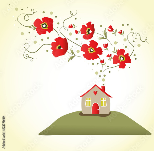 a small house on a green hill from the chimney of which red flowers grow