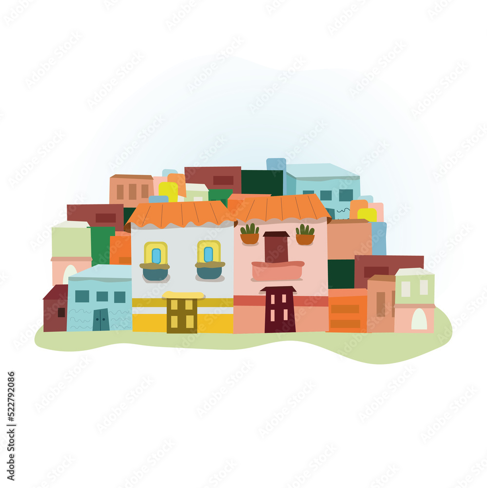 a small town, colorful houses and buildings on a gentle blue background