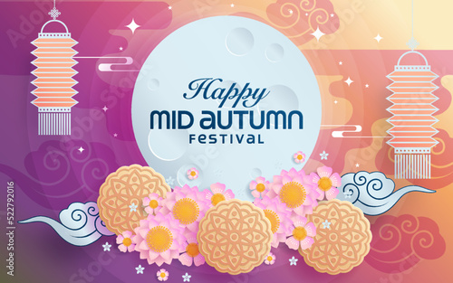 Mid autumn festival paper art style with full moon, moon cake, chinese lantern and rabbits on background.