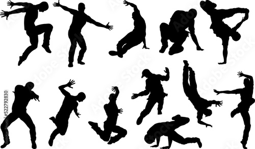 A set of male street dance hip hop dancers in silhouette photo