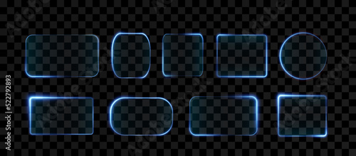 Collection of futuristic hud light blue frame. Technological background. Light glass blue frames square, oval, rectangle, circle. HUD PNG. Vector Illustration.	
