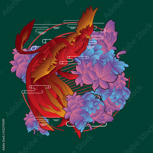 phoenix illustration with japanese style background