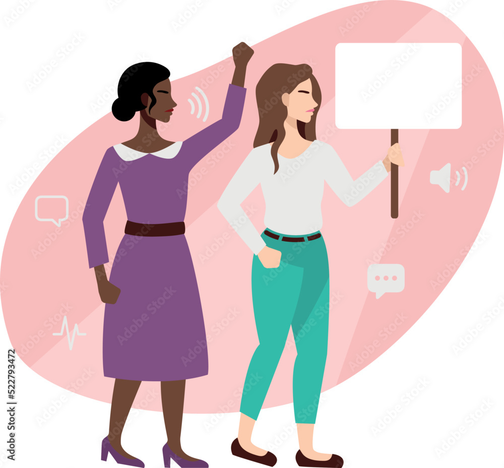 Women with a poster in hand. Women protest for their rights and feminism. Vector illustration in flat cartoon style.