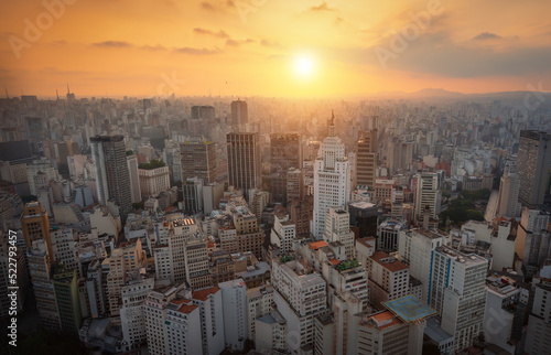 Obraz na płótnie Aerial view of Sao Paulo Historic City Center at sunset with Altino Arantes Building (former Banespa, now Farol Santander) - Sao Paulo, Brazil w salonie
