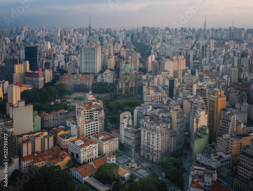 Aerial view of Sao Paulo Historic City Center with Se Cathedral and Pateo do Collegio - Sao Paulo, Brazil
