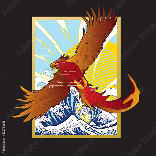 phoenix illustration with japanese style background