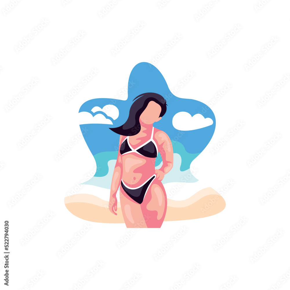 Hot girl on a beach. Vector illustration, beautiful girl in swimsuit resting on vacation swims and sunbathes in the ocean