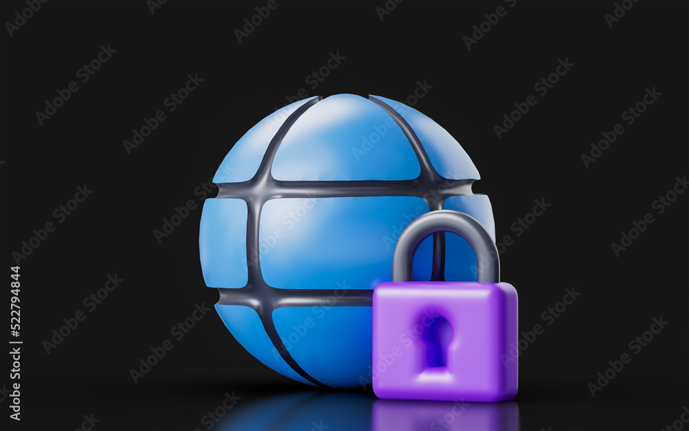 globe sign with lock on dark background 3d render concept for website browsing protection globe sign with lock on dark background 3d render concept for website browsing protection